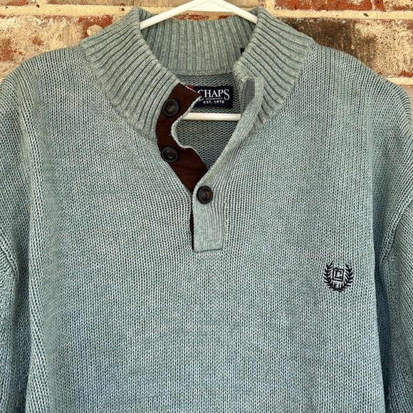 Chaps Light Green Mock Neck Button Up Elbow Patches Sweater - Picture 2 of 9